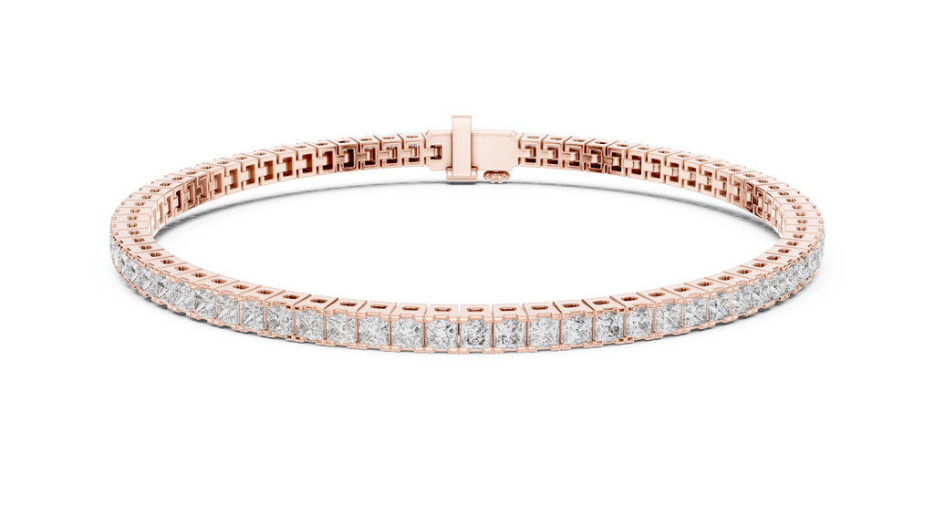 Rose gold diamond line bracelet with princess-cut stones, clasp shown
