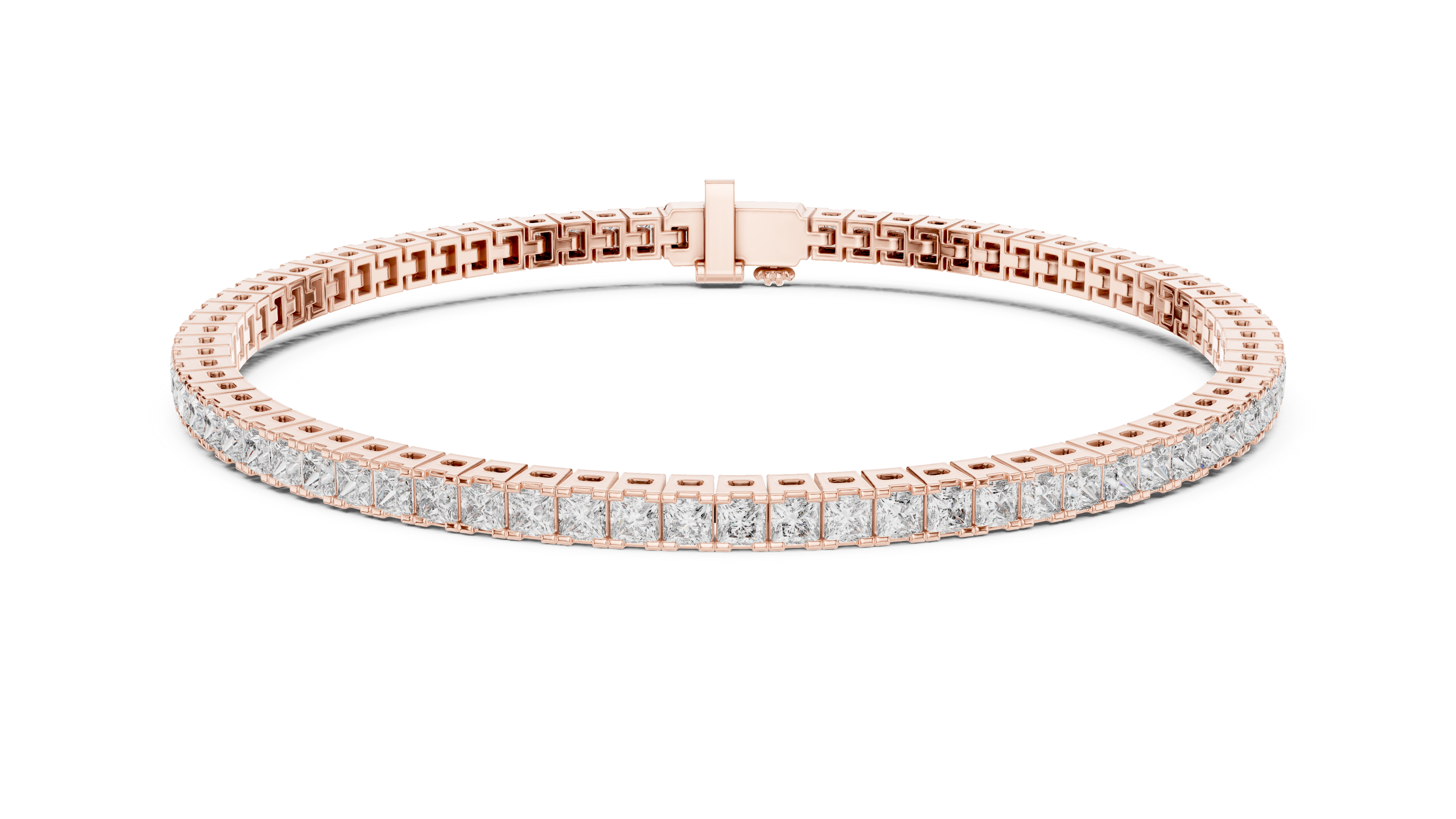 Rose gold diamond line bracelet with princess-cut stones, clasp shown