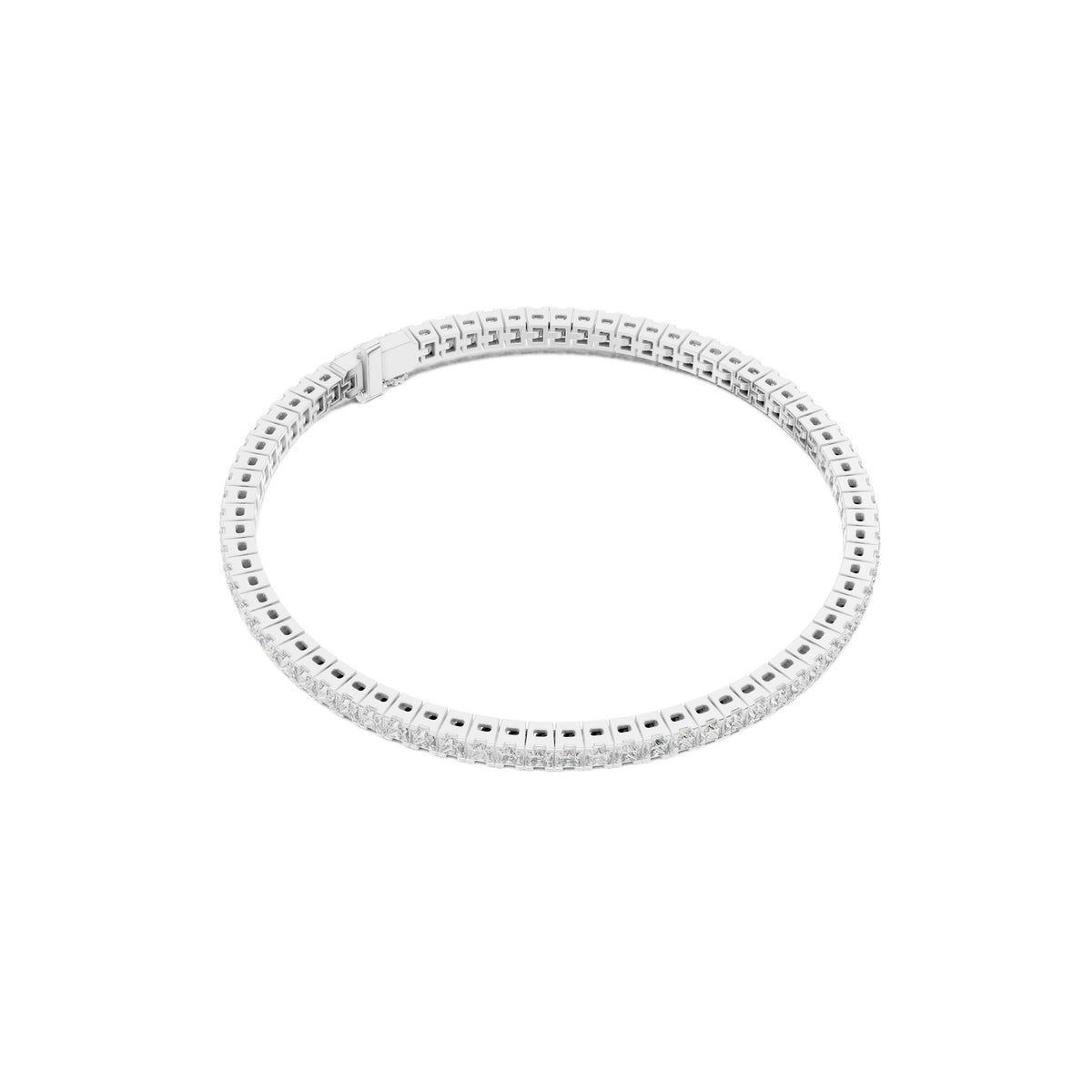 White gold princess diamond line bracelet with square-princess stone row and clasp