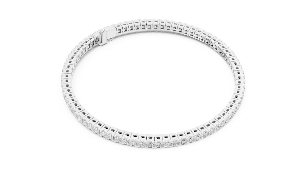 White gold diamond line bracelet with princess-cut stones, close-up detail