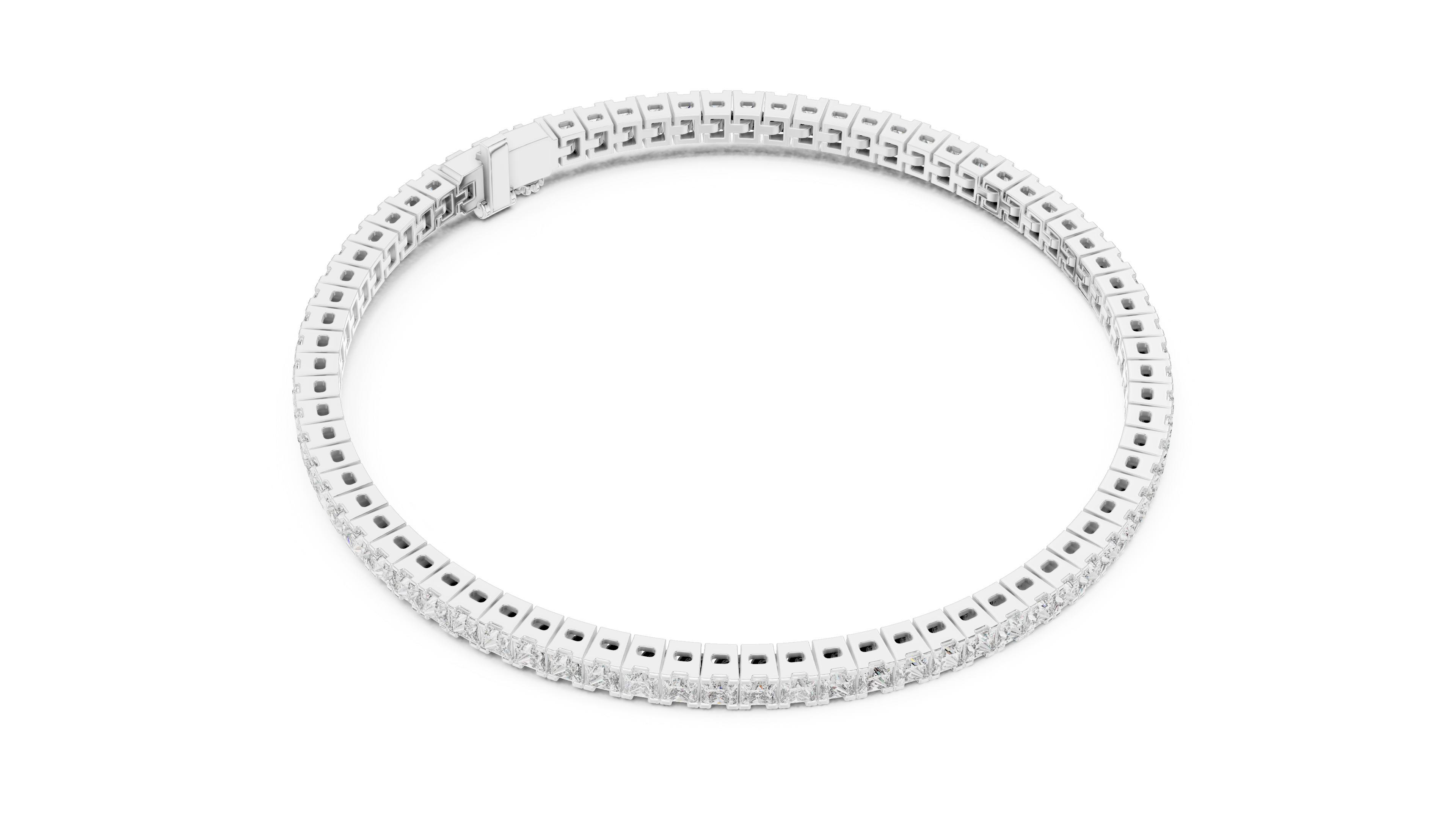 White gold diamond line bracelet with princess-cut stones, close-up detail