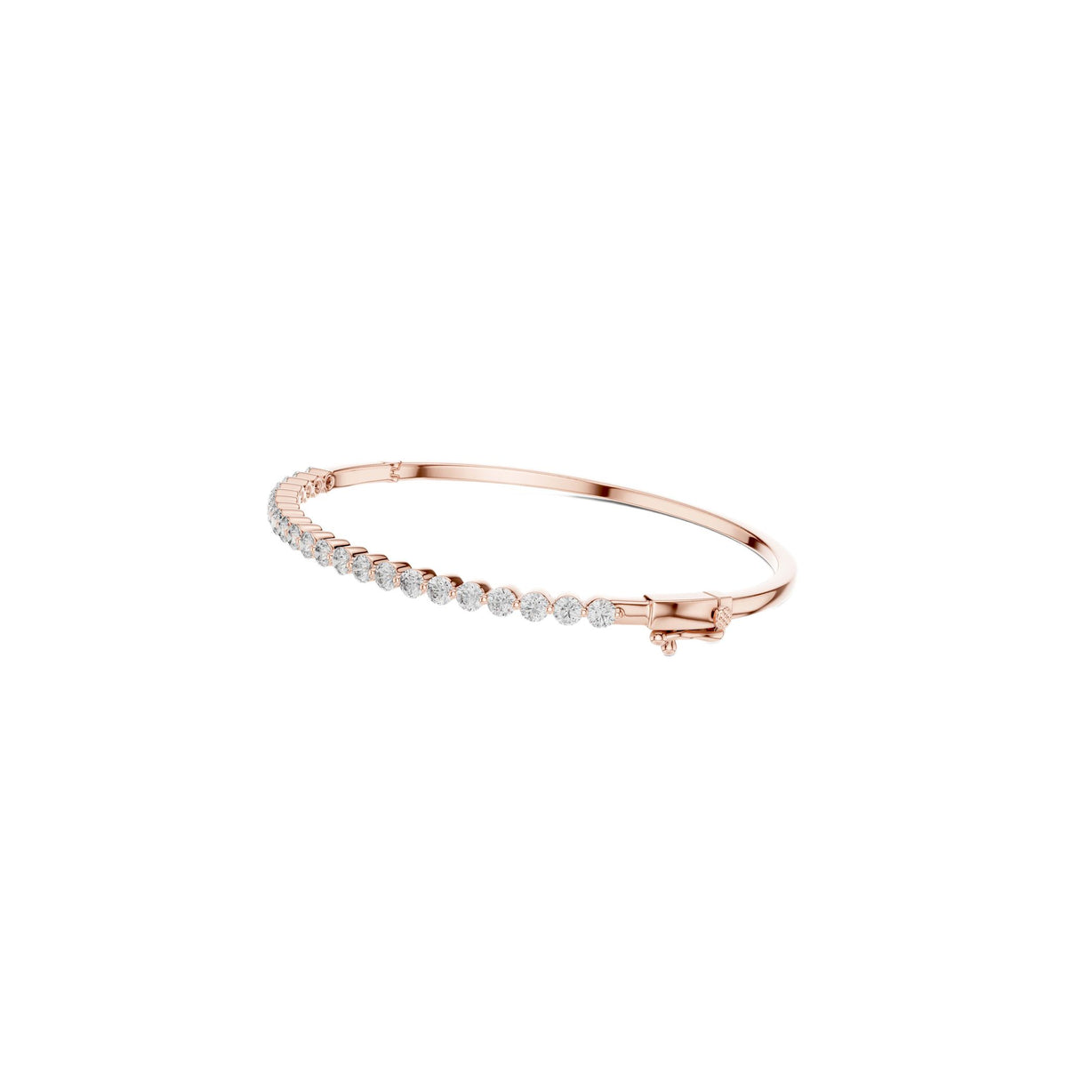 Rose gold bangle with round diamond accents in a cascading row