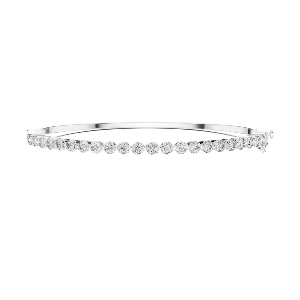 White gold tennis-style bangle with round diamonds across the top band