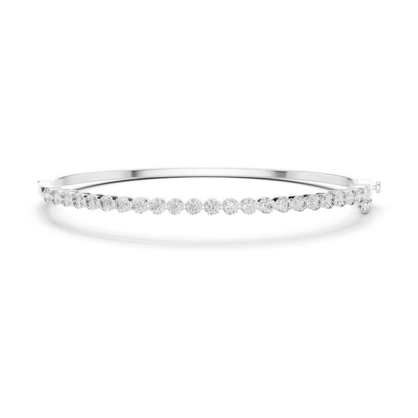 Diamond bangle bracelet in white gold with round white diamonds, front profile