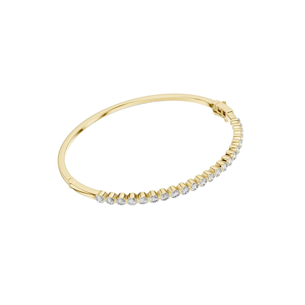 Yellow gold hinged bangle with round diamond pave along the lower curve