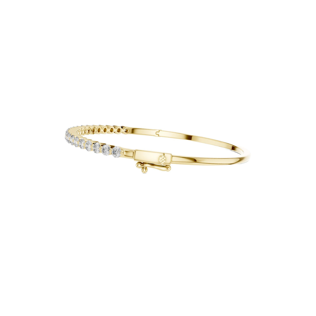 Diamond bangle bracelet, yellow gold with round white diamonds, hinged open view