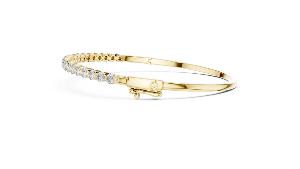 Diamond bangle bracelet, yellow gold with round white diamonds, hinged open view