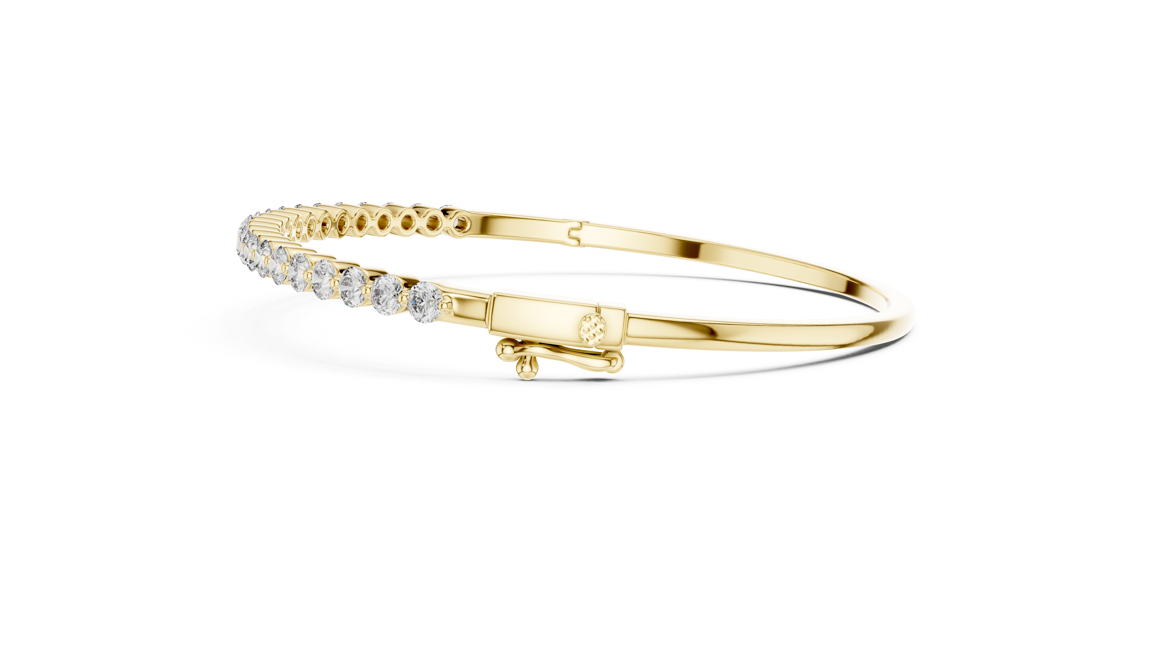 Diamond bangle bracelet, yellow gold with round white diamonds, hinged open view