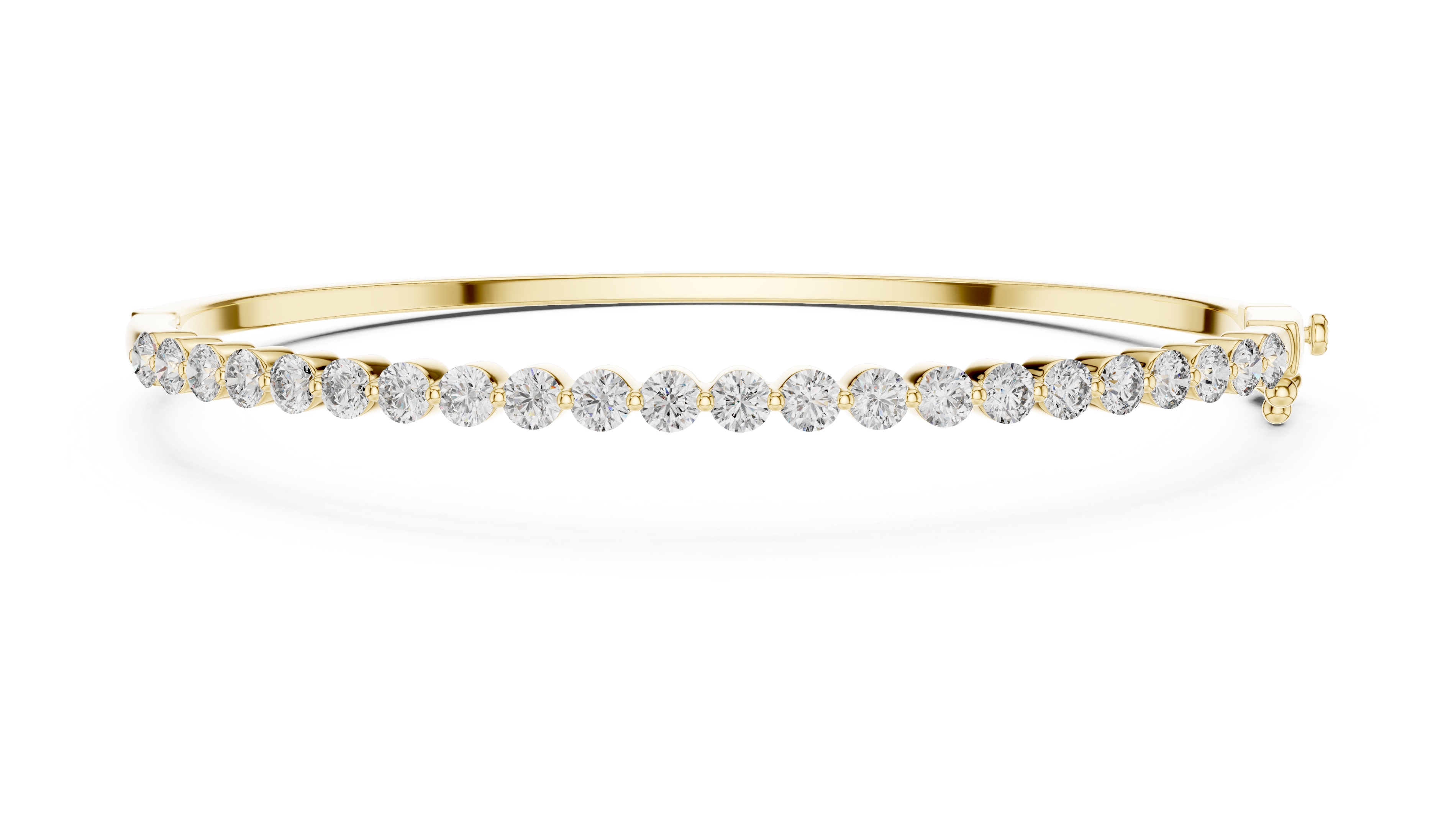 Diamond bangle bracelet, yellow gold with round white diamonds, straight front view