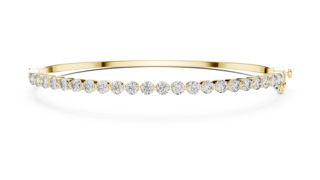 Diamond bangle bracelet, yellow gold with round white diamonds, straight front view