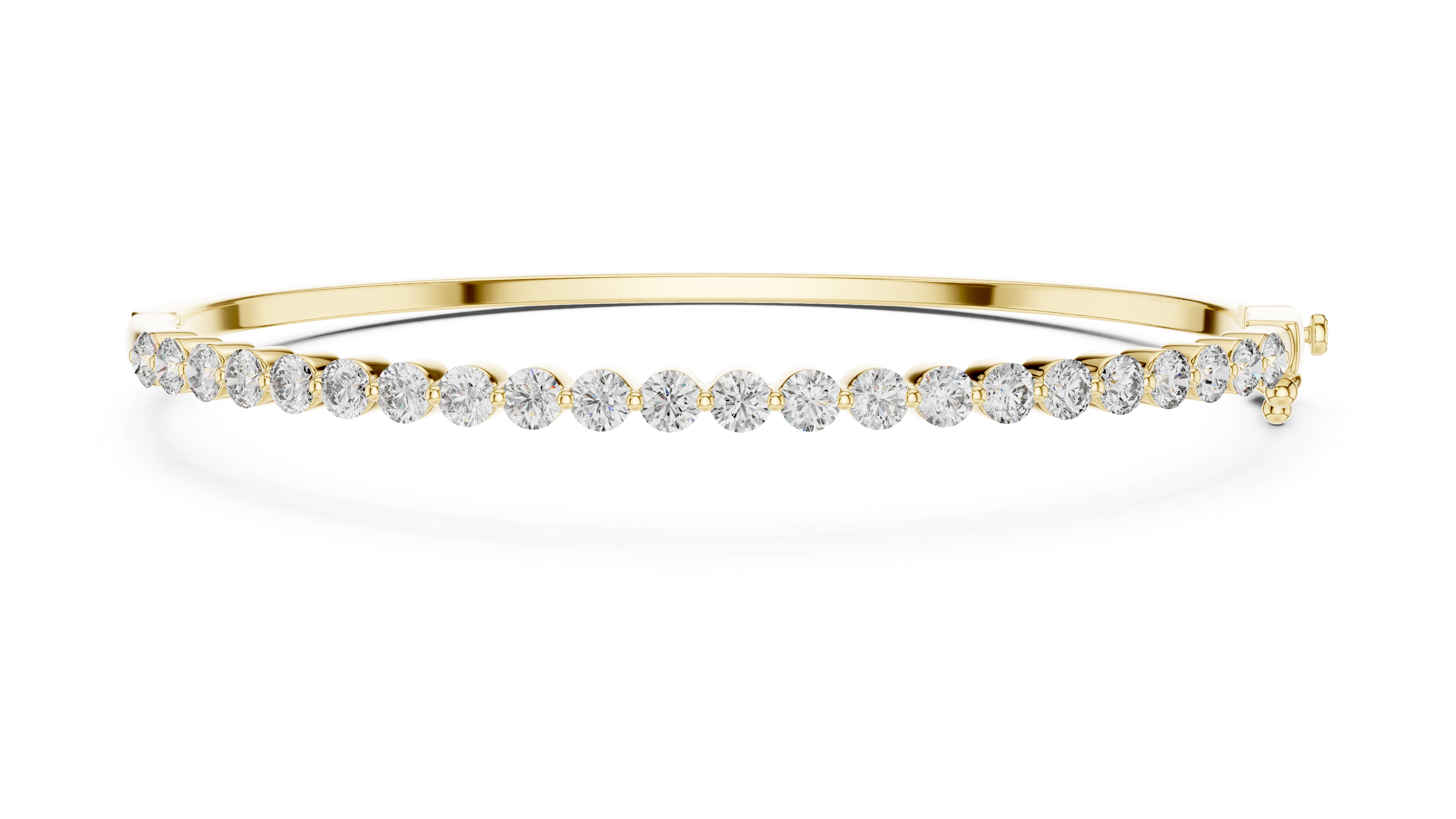 Diamond bangle bracelet, yellow gold with round white diamonds, straight front view