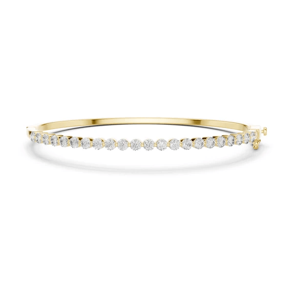 Diamond bangle bracelet in yellow gold with round white diamonds, front profile