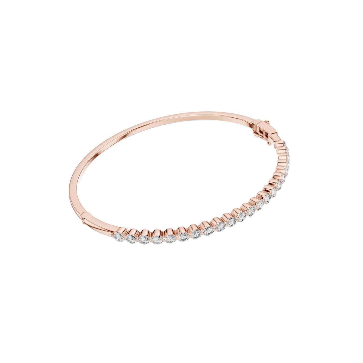Rose gold hinged bangle with round diamond pave along the lower curve