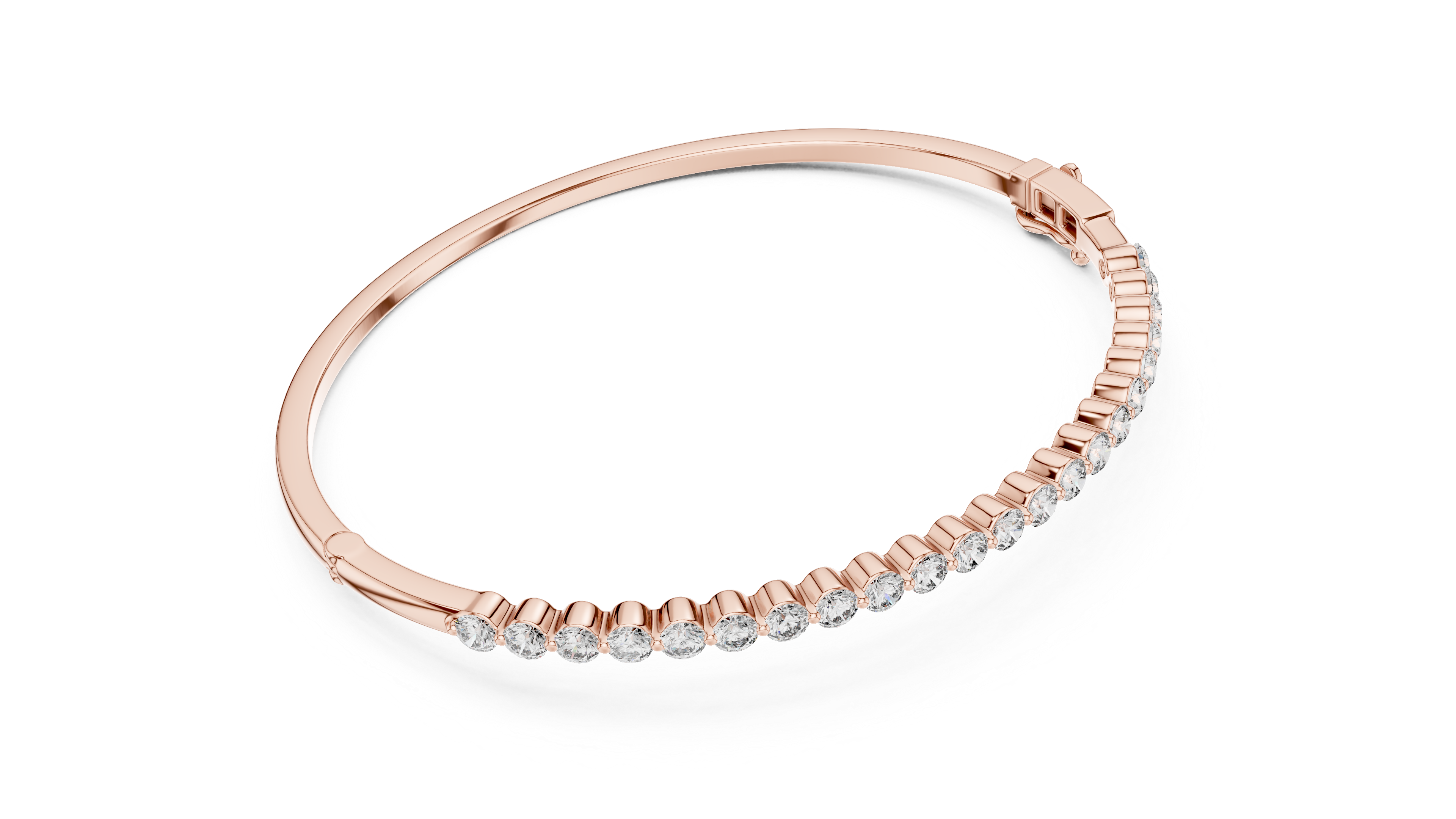 Rose gold diamond bangle with round pavé diamonds across the band