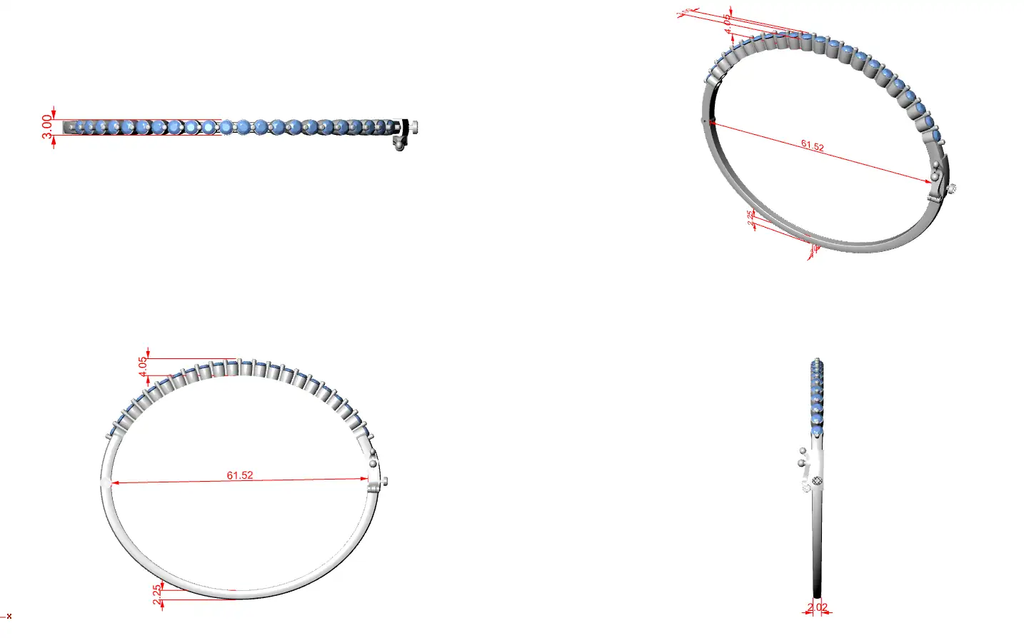 Diamond bangle bracelet measurement diagram, angled views and side profile