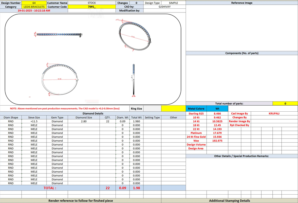 Diamond bangle bracelet CAD chart screenshot with dimensions and component list