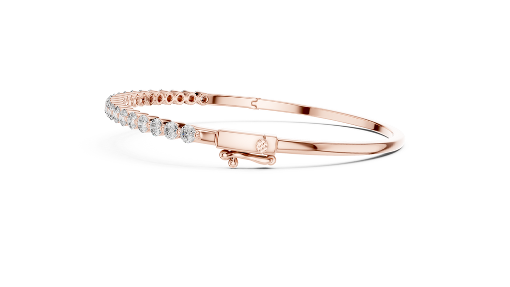Rose gold diamond bangle showing side profile with round pavé stones
