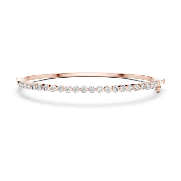 Diamond bangle bracelet in rose gold with round white diamonds, front profile