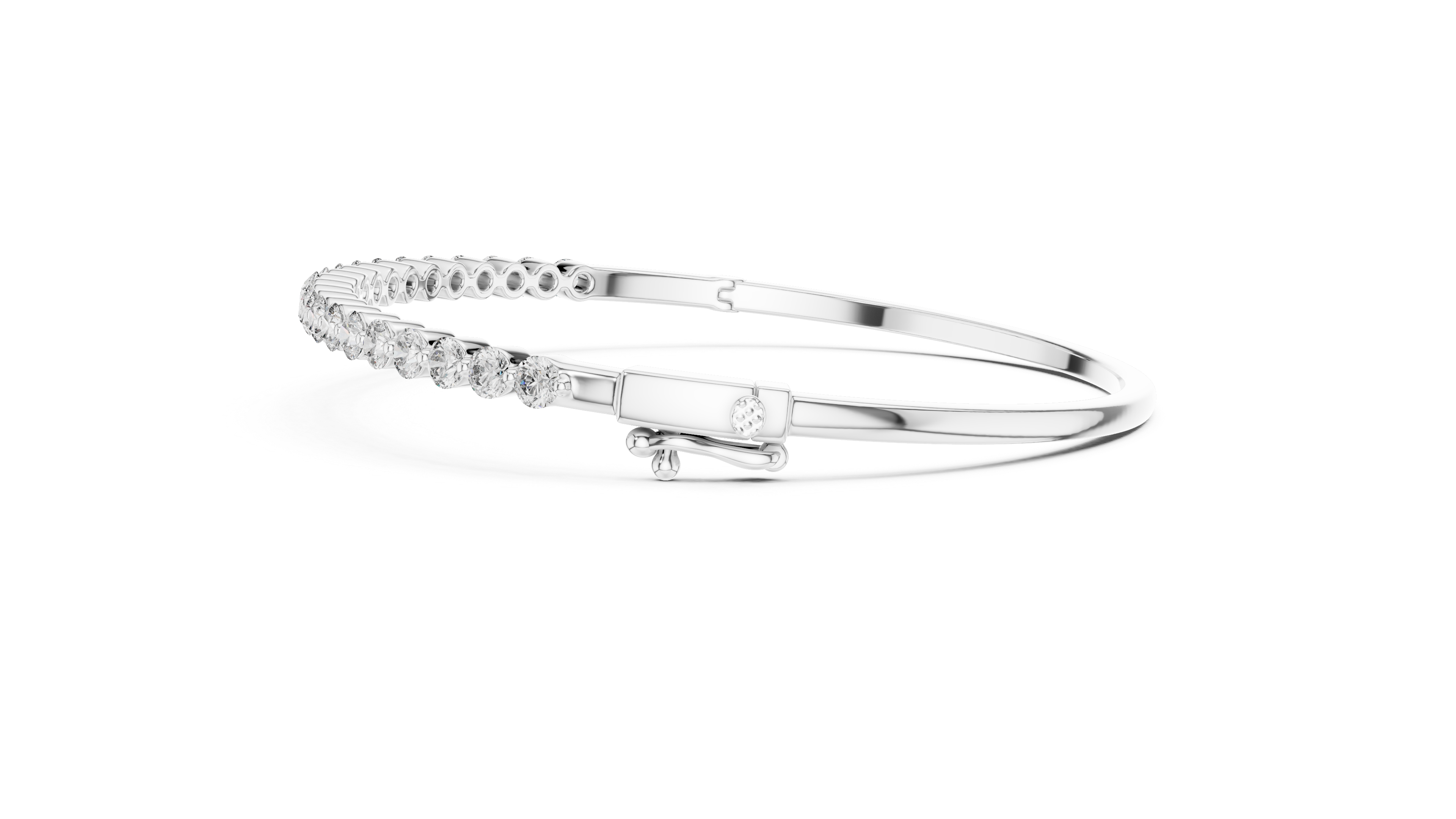 White gold diamond bangle showing side profile with round pavé stones