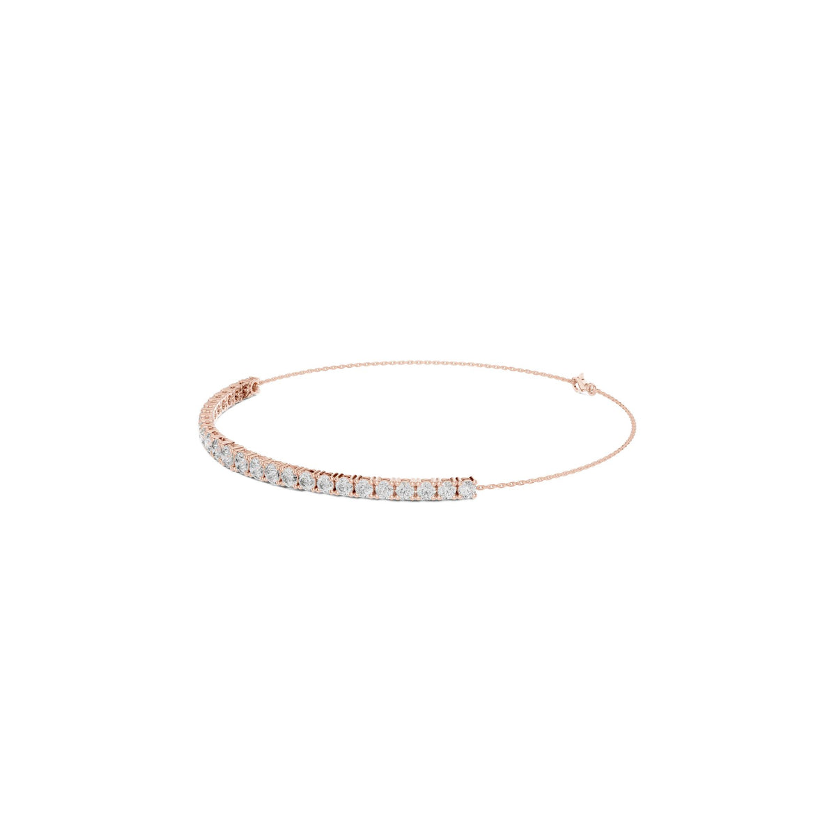 Rose gold diamond eternity bracelet with round stones, slim channel setting; side view