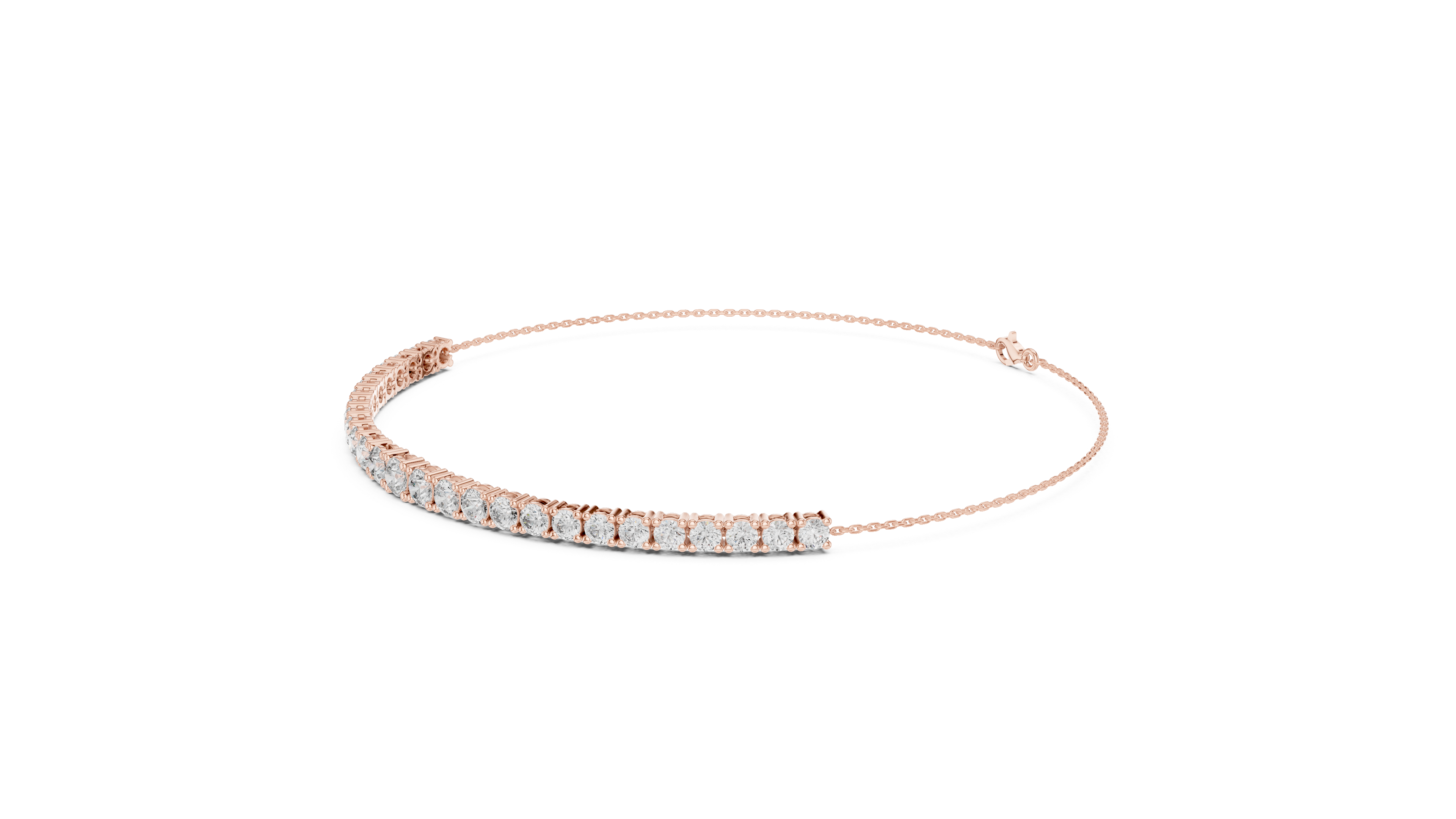 Rose gold diamond eternity bracelet with round stones, slim band view