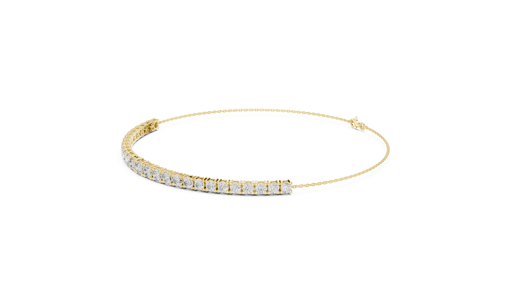 Yellow gold diamond eternity bracelet with round stones, slim band view