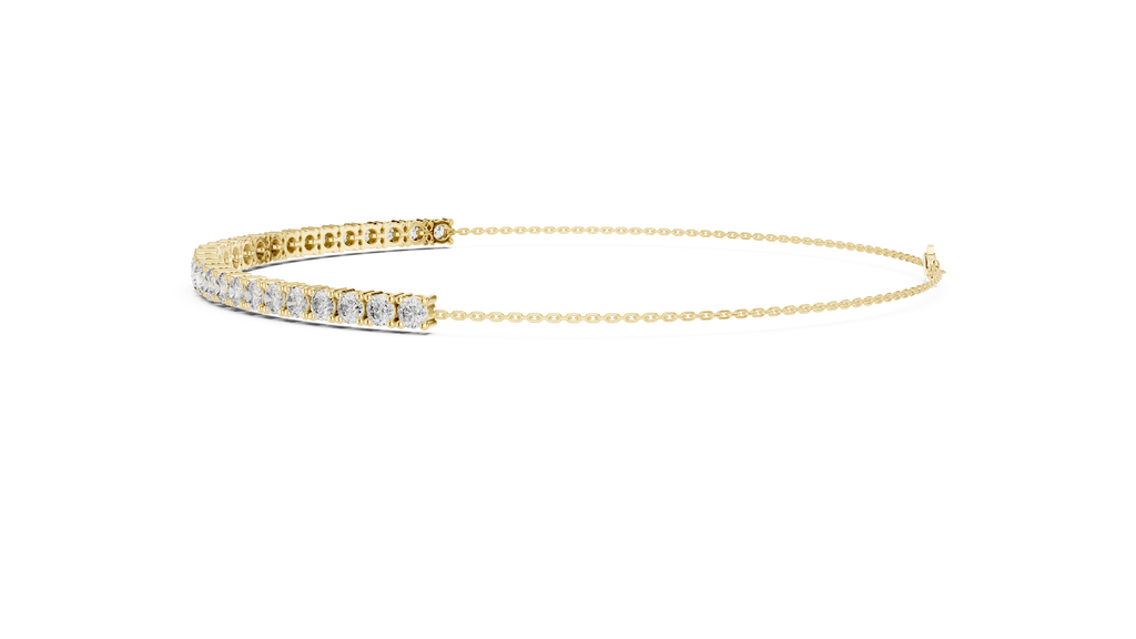Yellow gold diamond eternity bracelet with round stones and hinged clasp