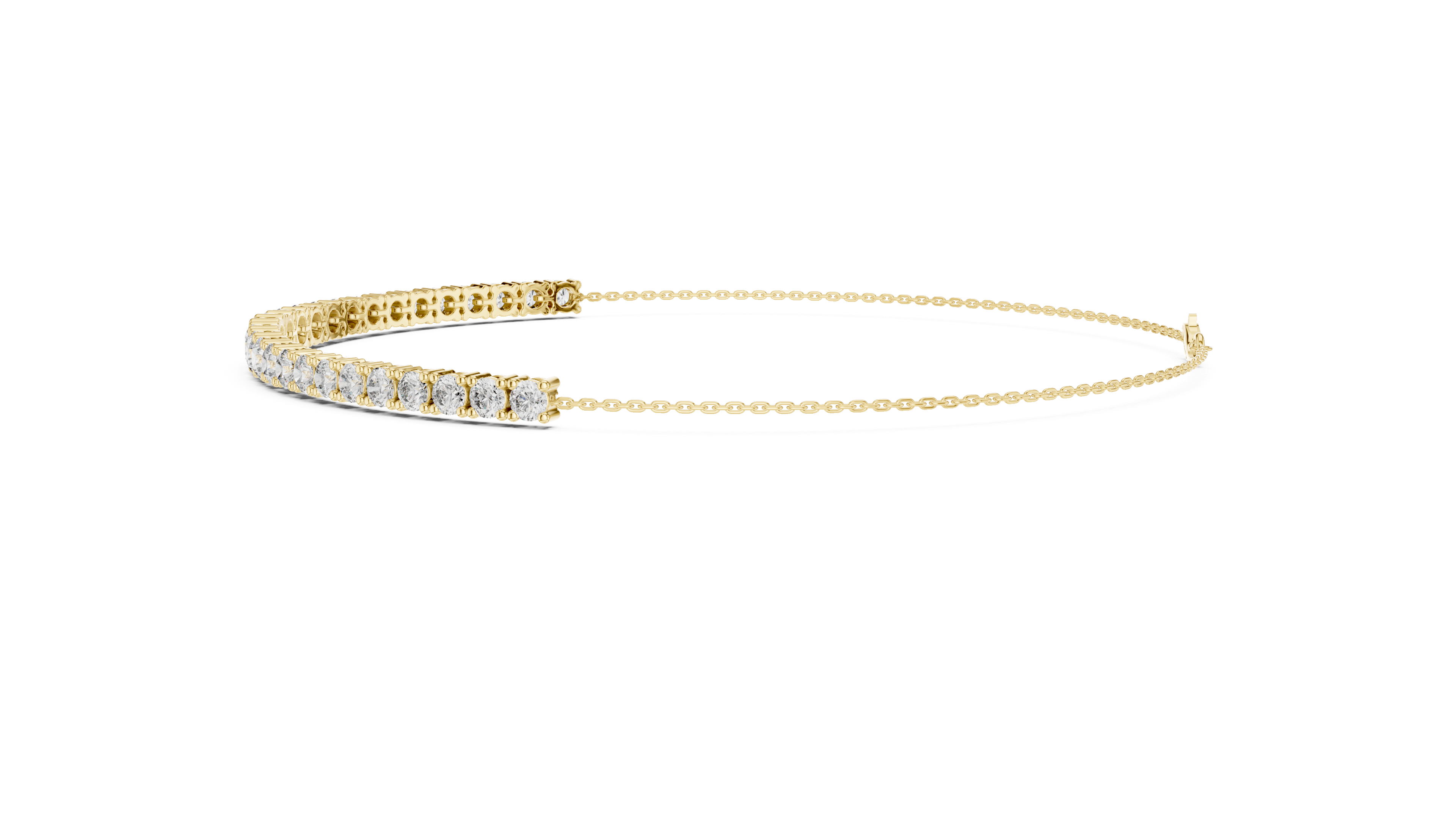 Yellow gold diamond eternity bracelet with round stones and hinged clasp