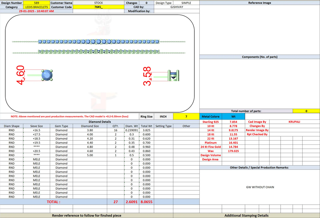 Diamond bracelet specification diagram with measurement callouts and clasp detail