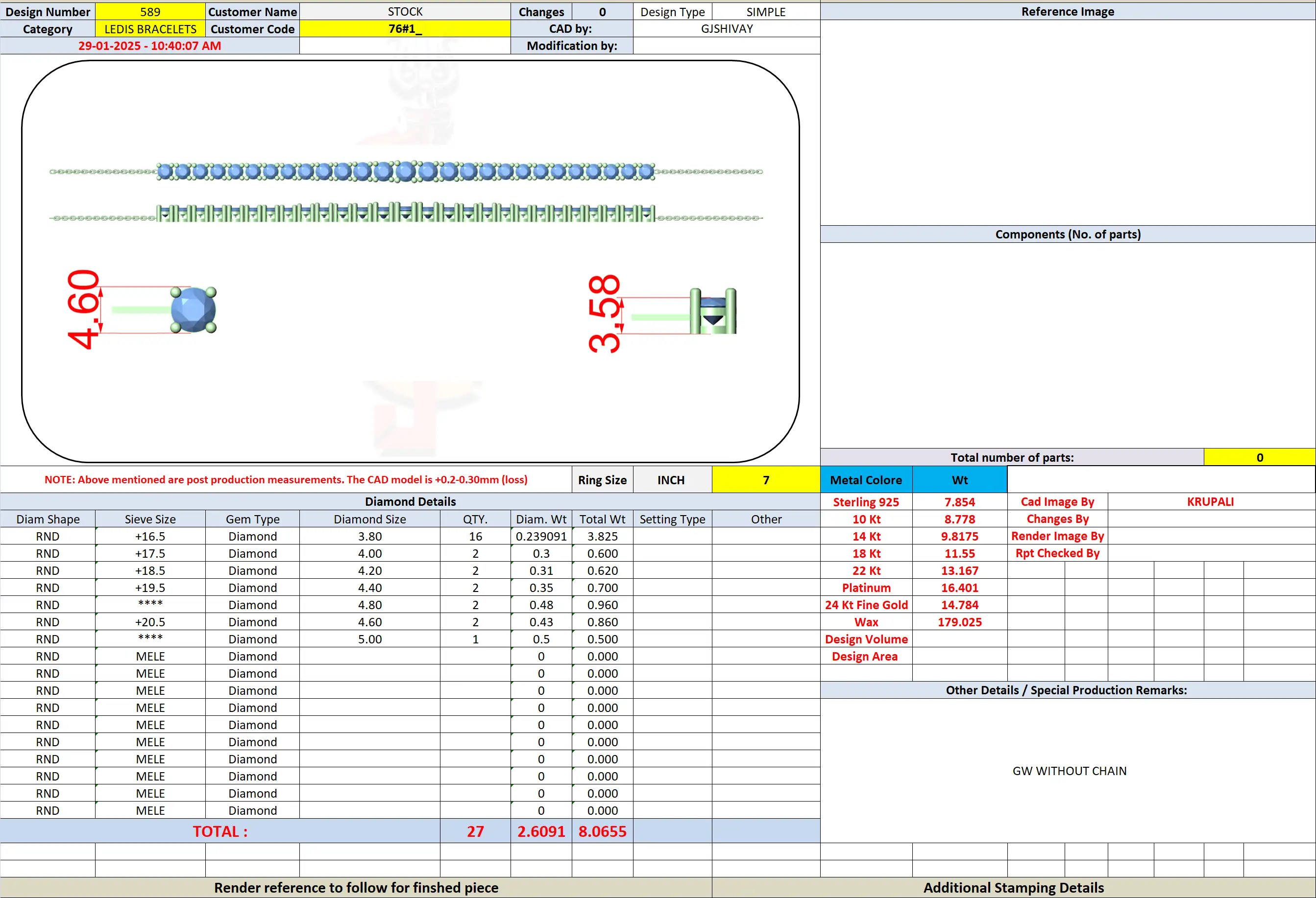 Diamond bracelet specification diagram with measurement callouts and clasp detail
