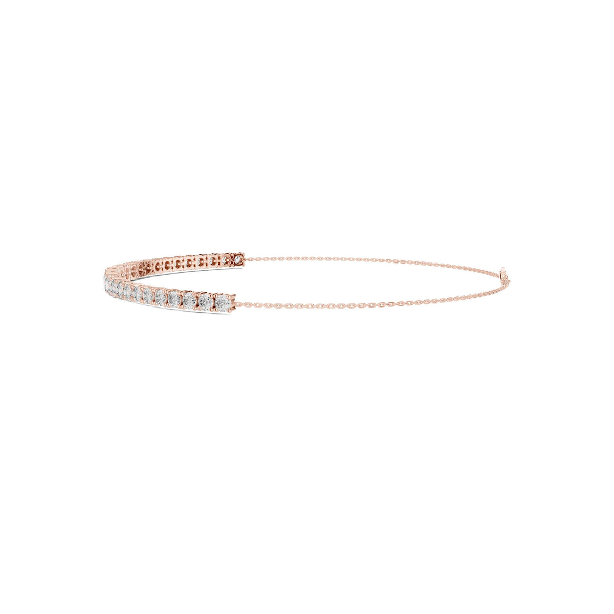 Rose gold diamond eternity bracelet with round stones, channel-set; angled side view