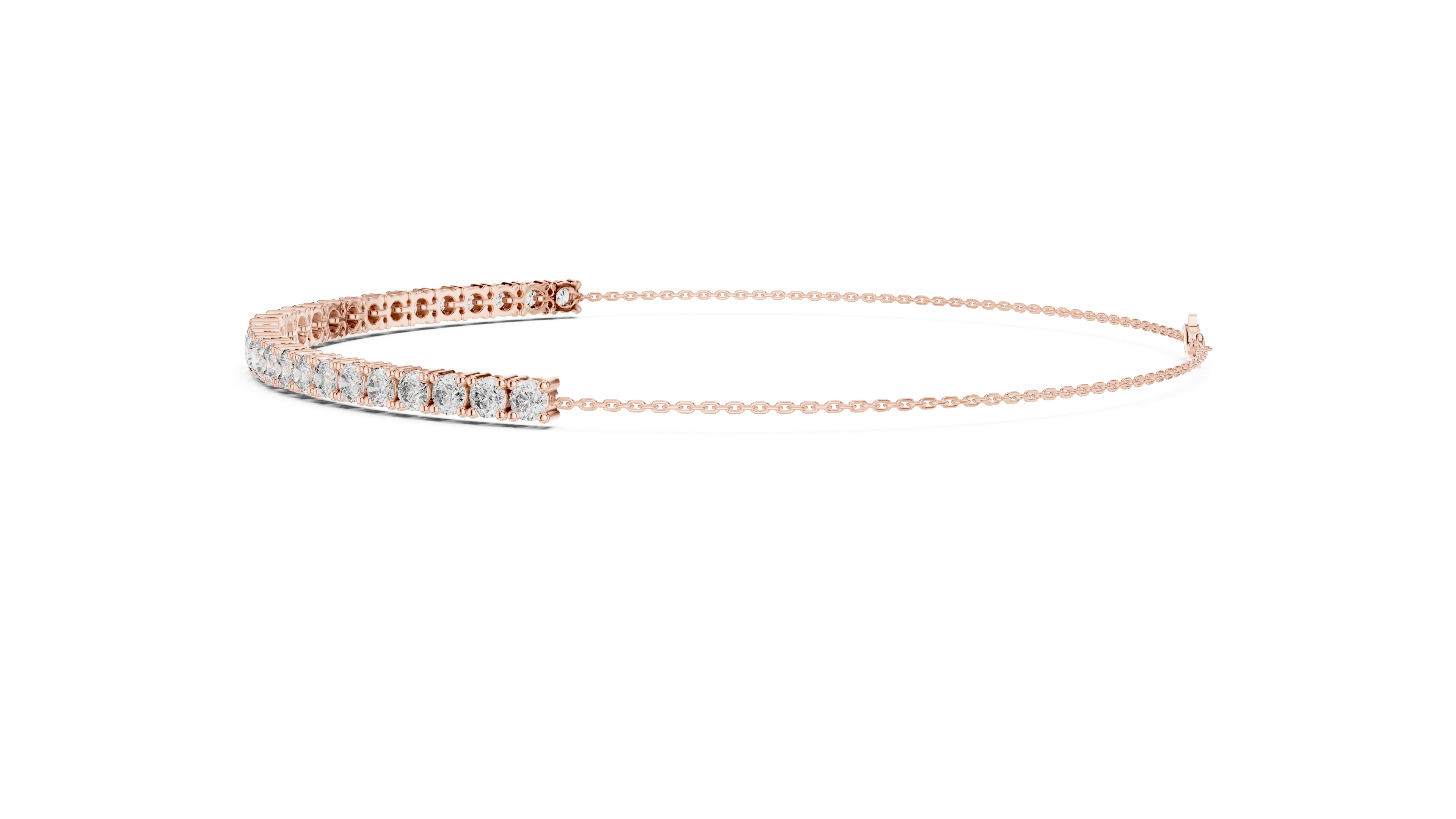 Rose gold diamond eternity bracelet with round stones, side view