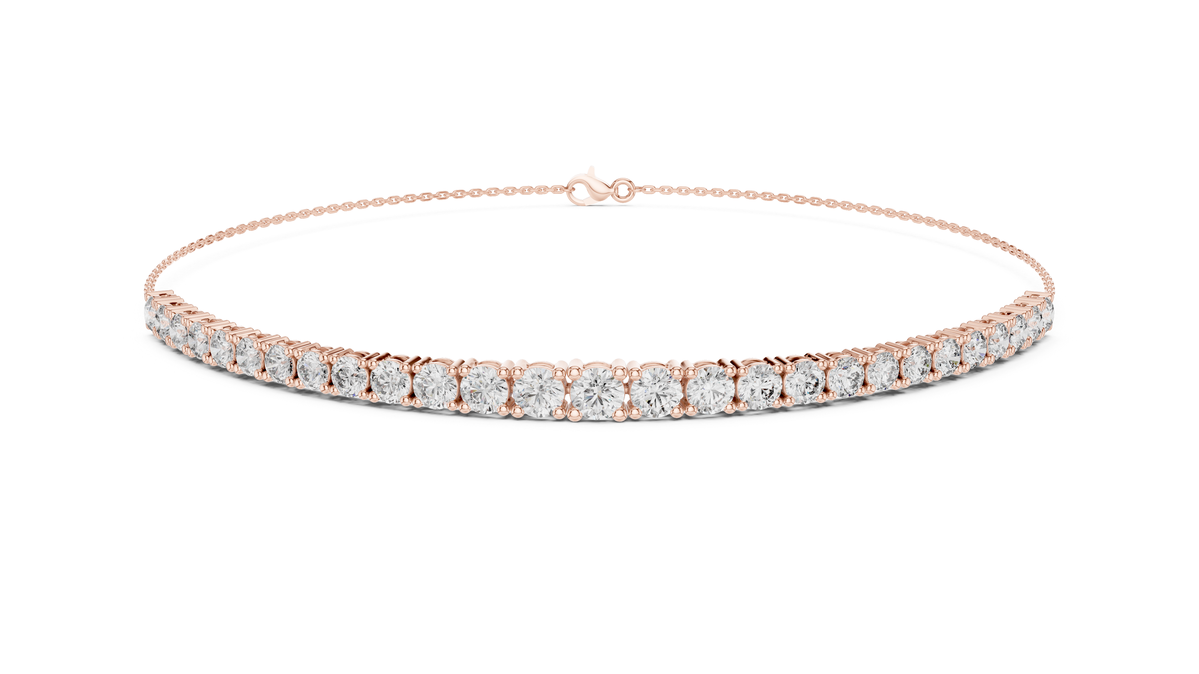 Rose gold diamond eternity bracelet with round stones, full band view