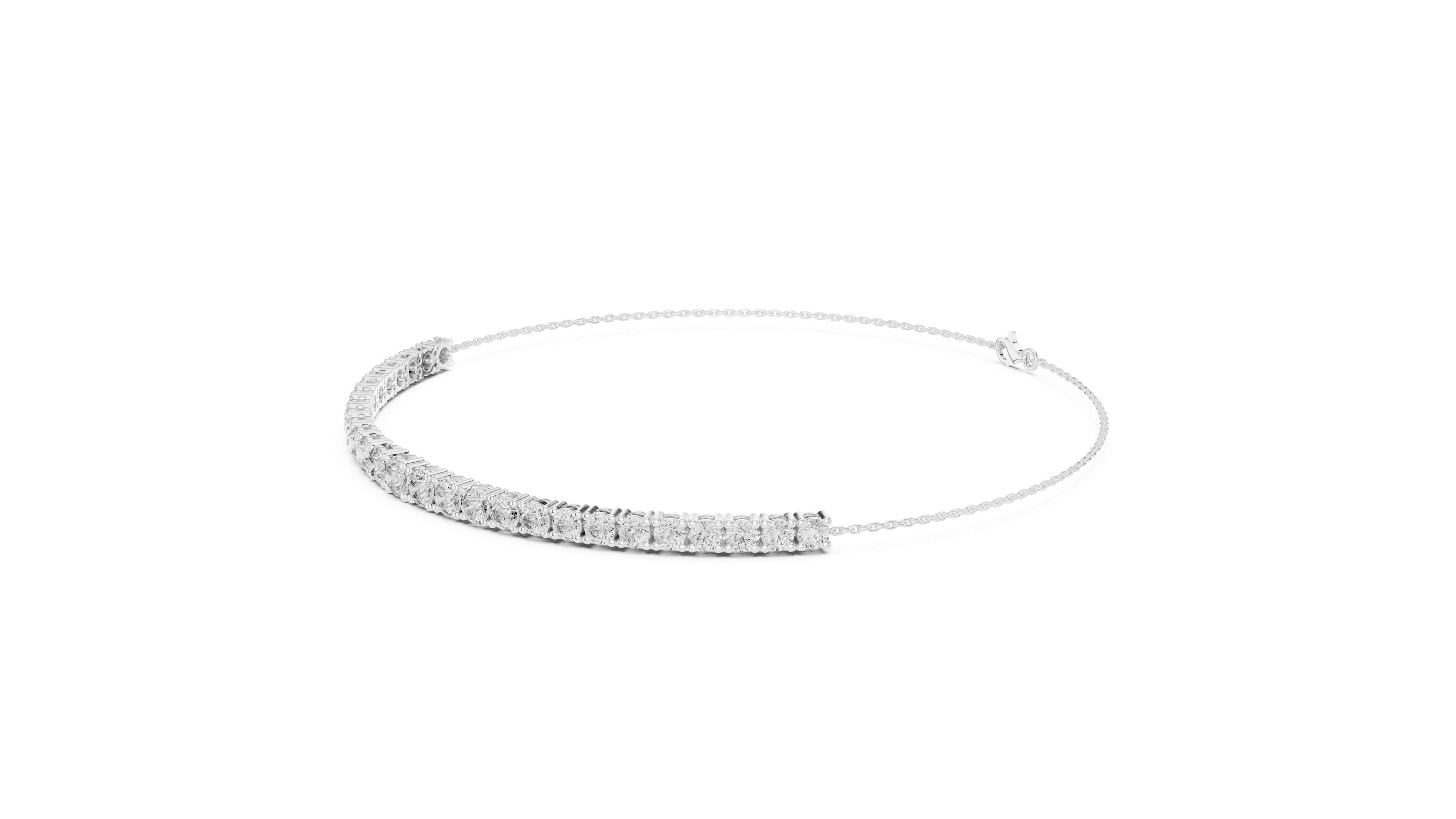 White gold diamond eternity bracelet with round stones, slim band view
