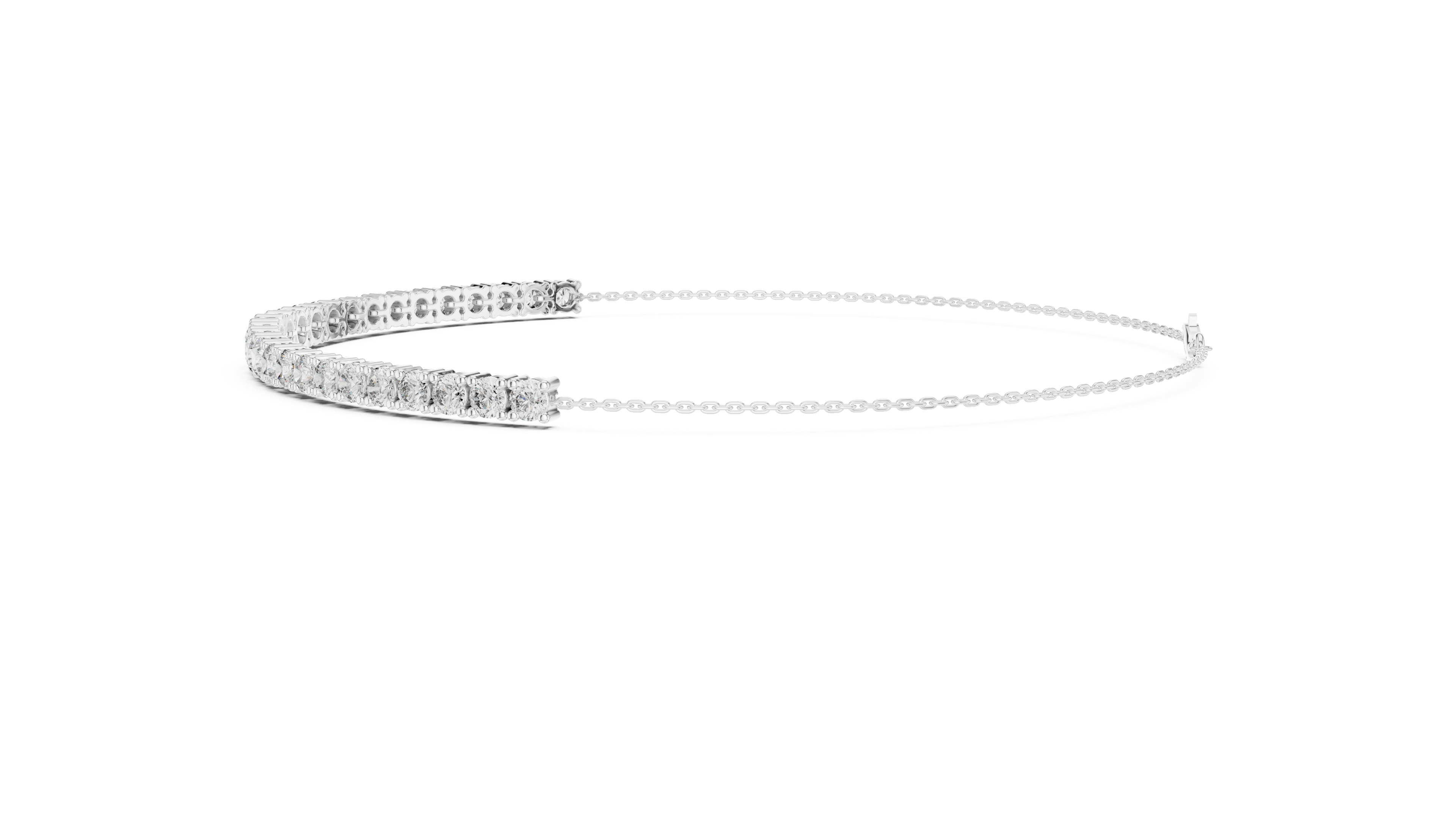 White gold diamond eternity bracelet with round stones, side view