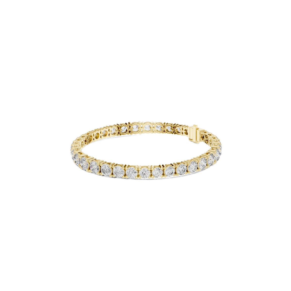 Rose gold diamond tennis bracelet, angled view with round prong-set stones and clasp