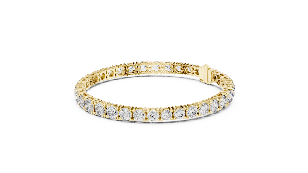 Rose gold diamond tennis bracelet, angled view with round prong-set stones and clasp