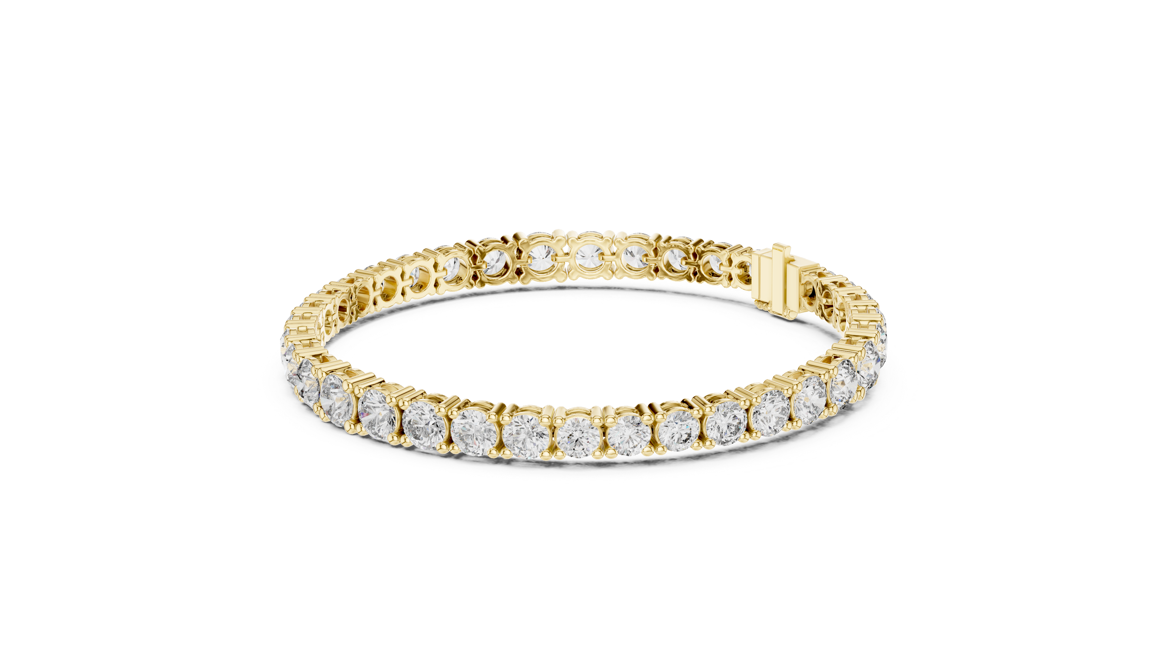 Rose gold diamond tennis bracelet, angled view with round prong-set stones and clasp
