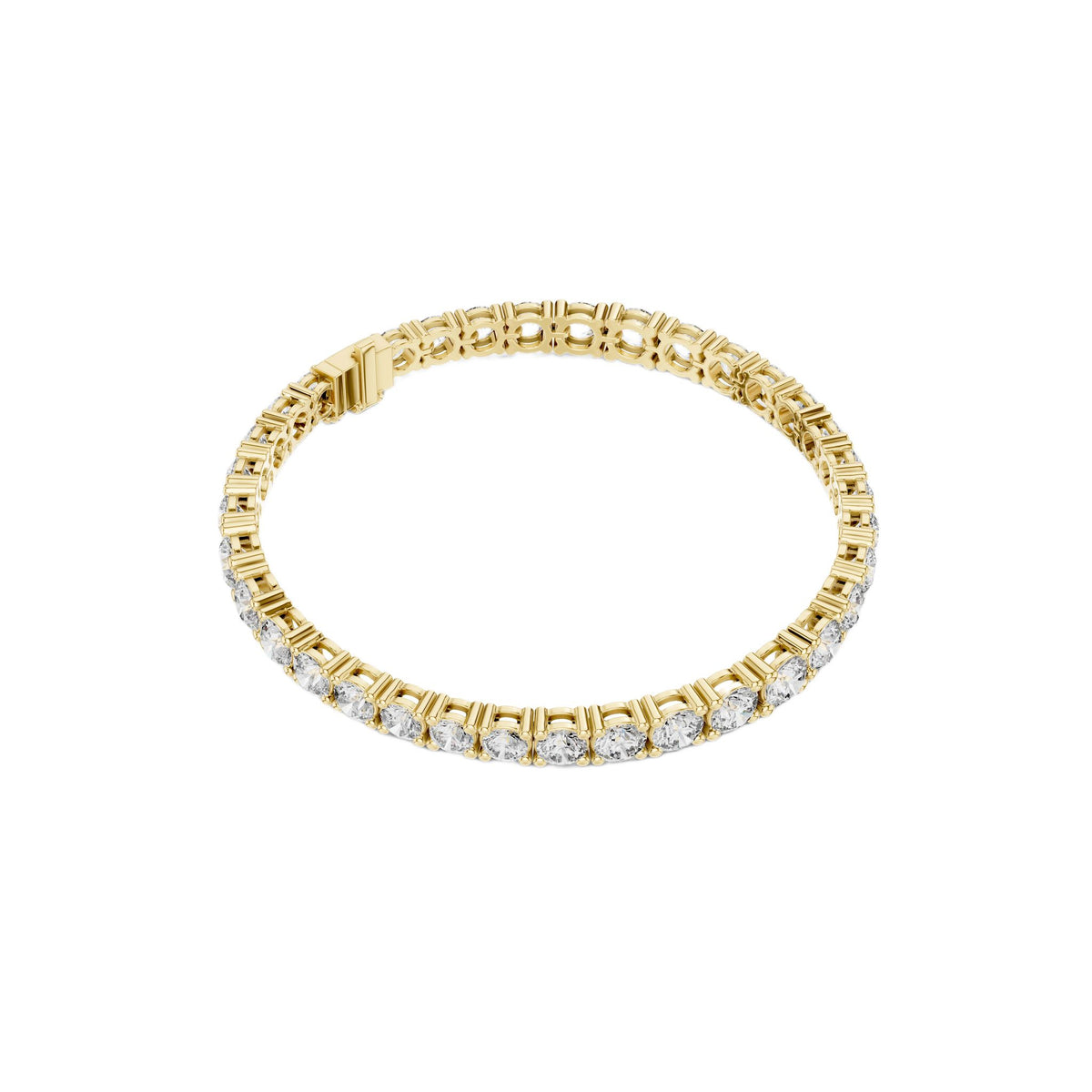 Yellow gold diamond tennis bracelet, side view with round stones and centered box clasp
