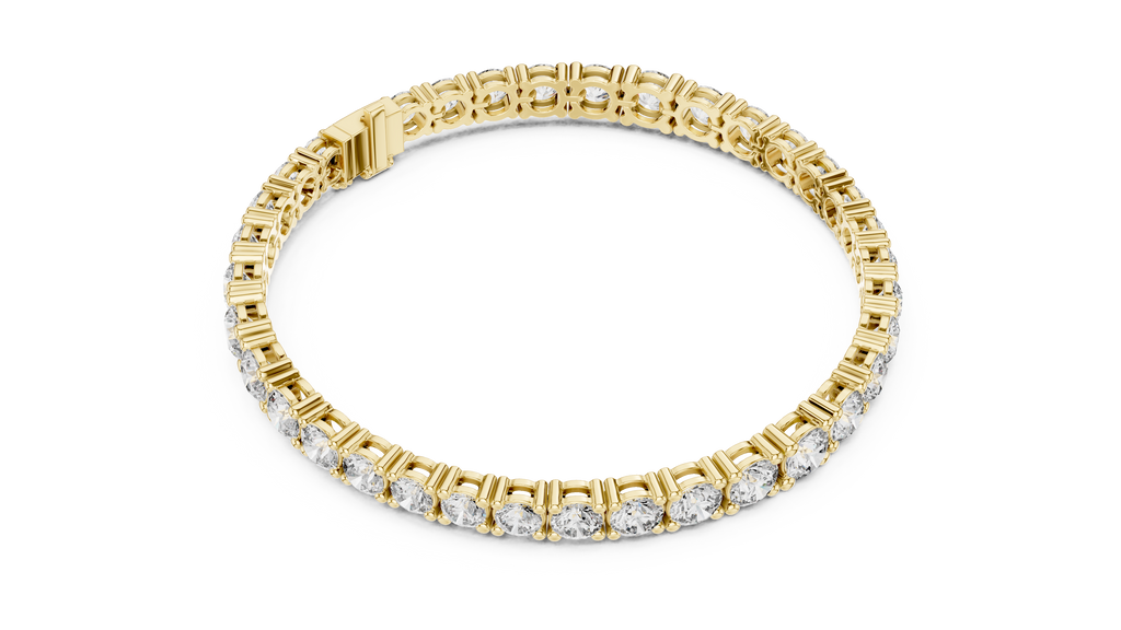 Yellow gold diamond tennis bracelet, side view with round stones and centered box clasp