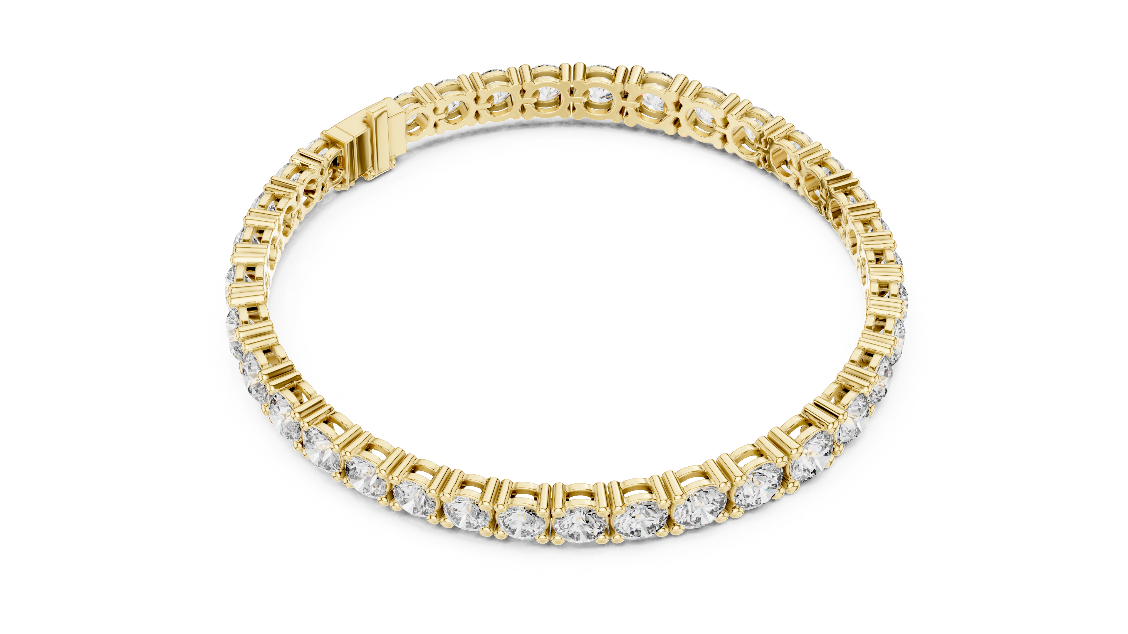 Yellow gold diamond tennis bracelet, side view with round stones and centered box clasp