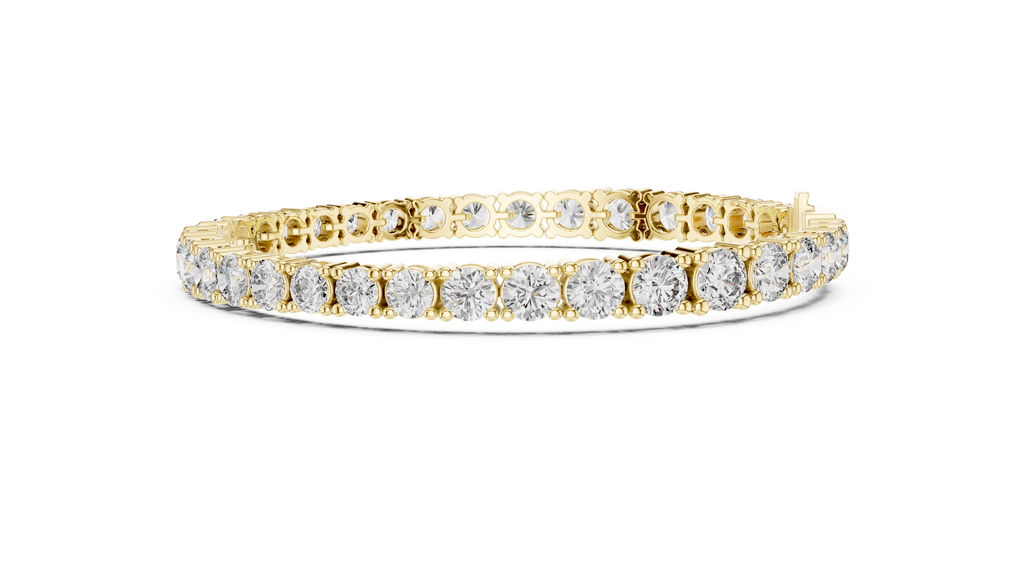 White gold diamond tennis bracelet, side view with round stones and centered box clasp