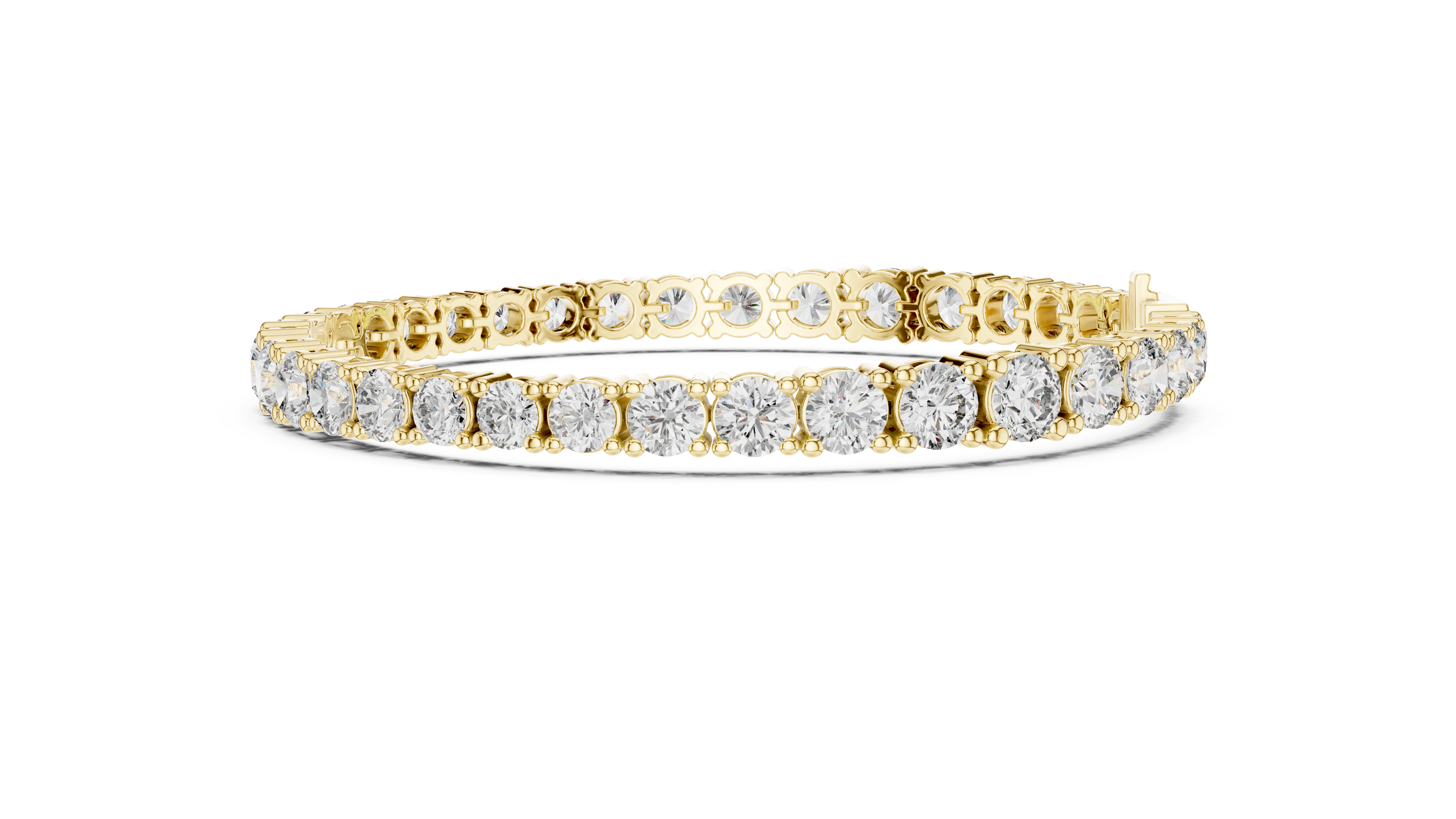 White gold diamond tennis bracelet, side view with round stones and centered box clasp