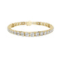 Yellow gold diamond tennis bracelet, angled view with round prong-set stones and clasp