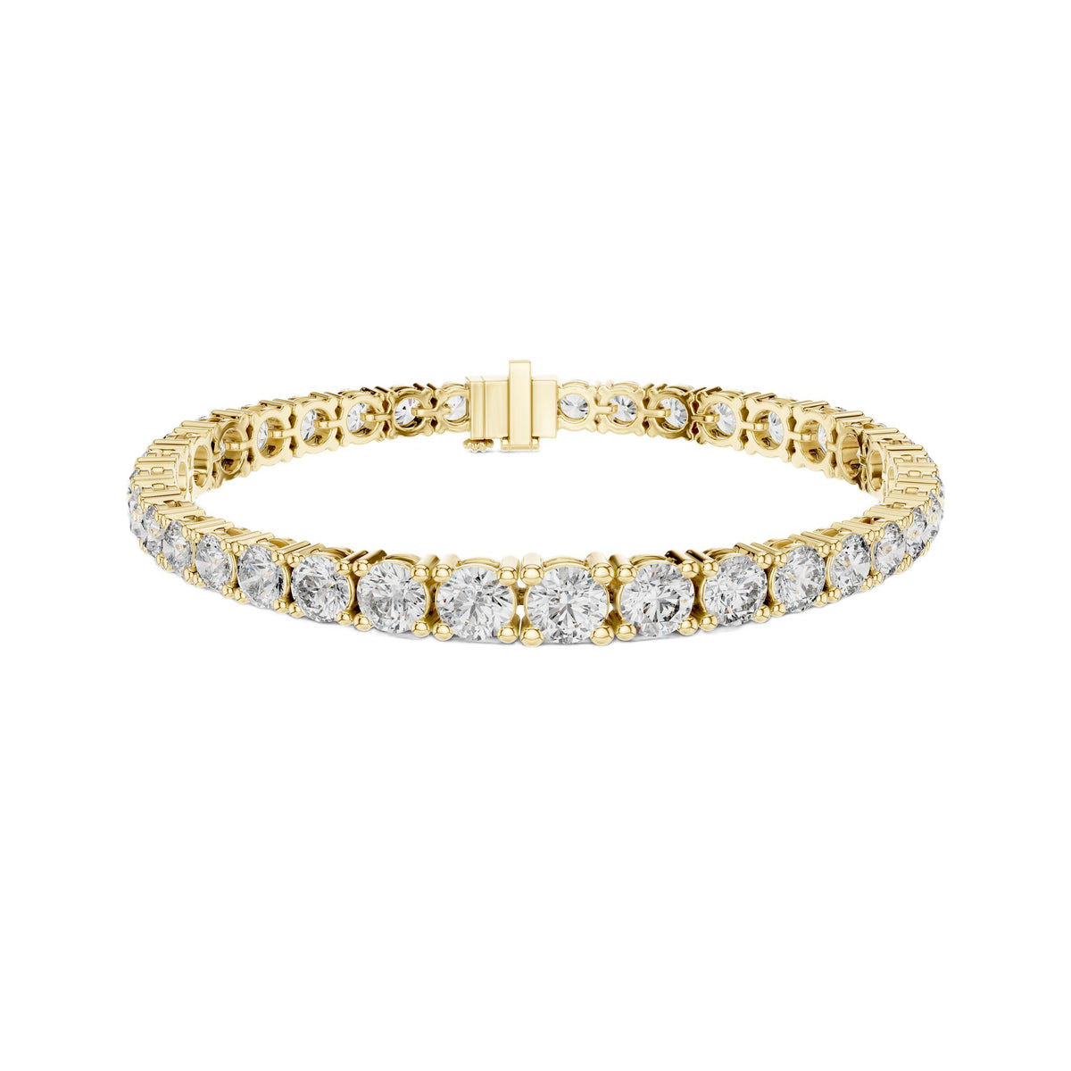 Yellow gold diamond tennis bracelet, angled view with round prong-set stones and clasp