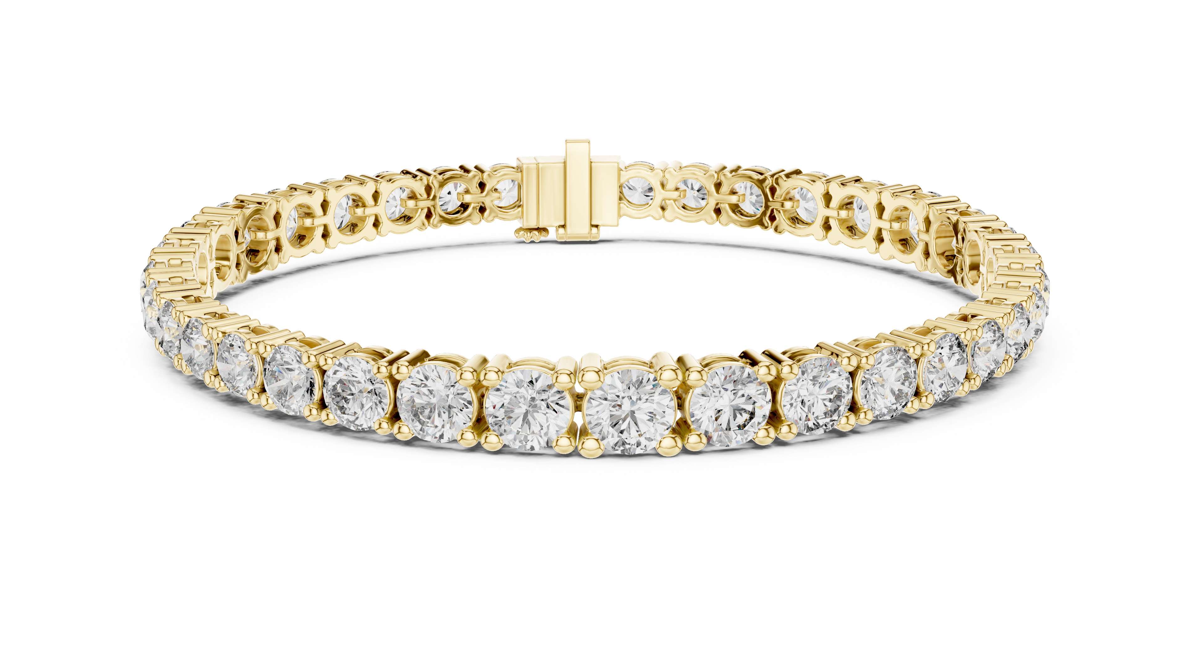 Yellow gold diamond tennis bracelet, angled view with round prong-set stones and clasp