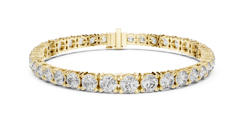 Yellow gold diamond tennis bracelet, angled view with round prong-set stones and clasp