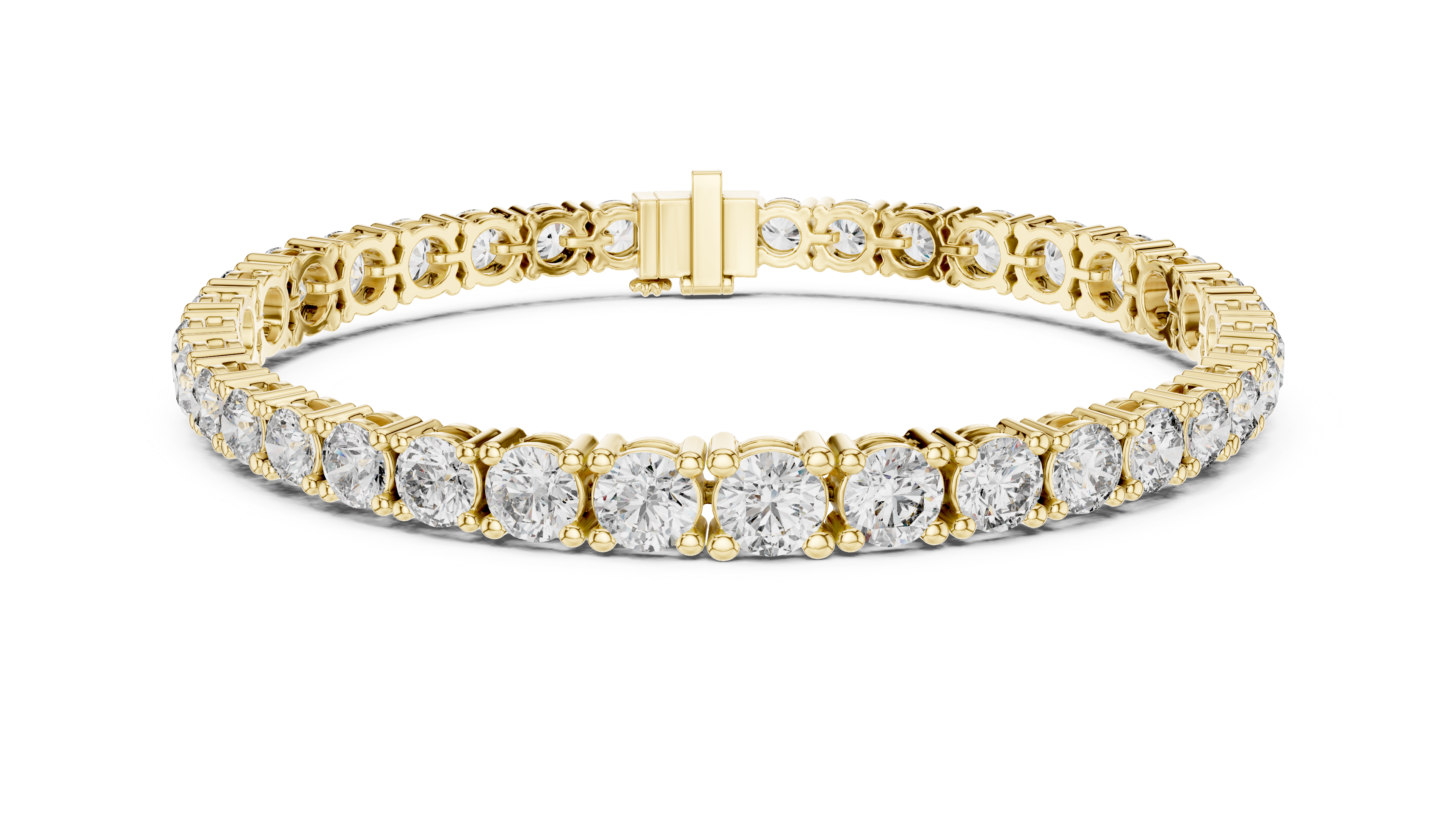 Yellow gold diamond tennis bracelet, angled view with round prong-set stones and clasp