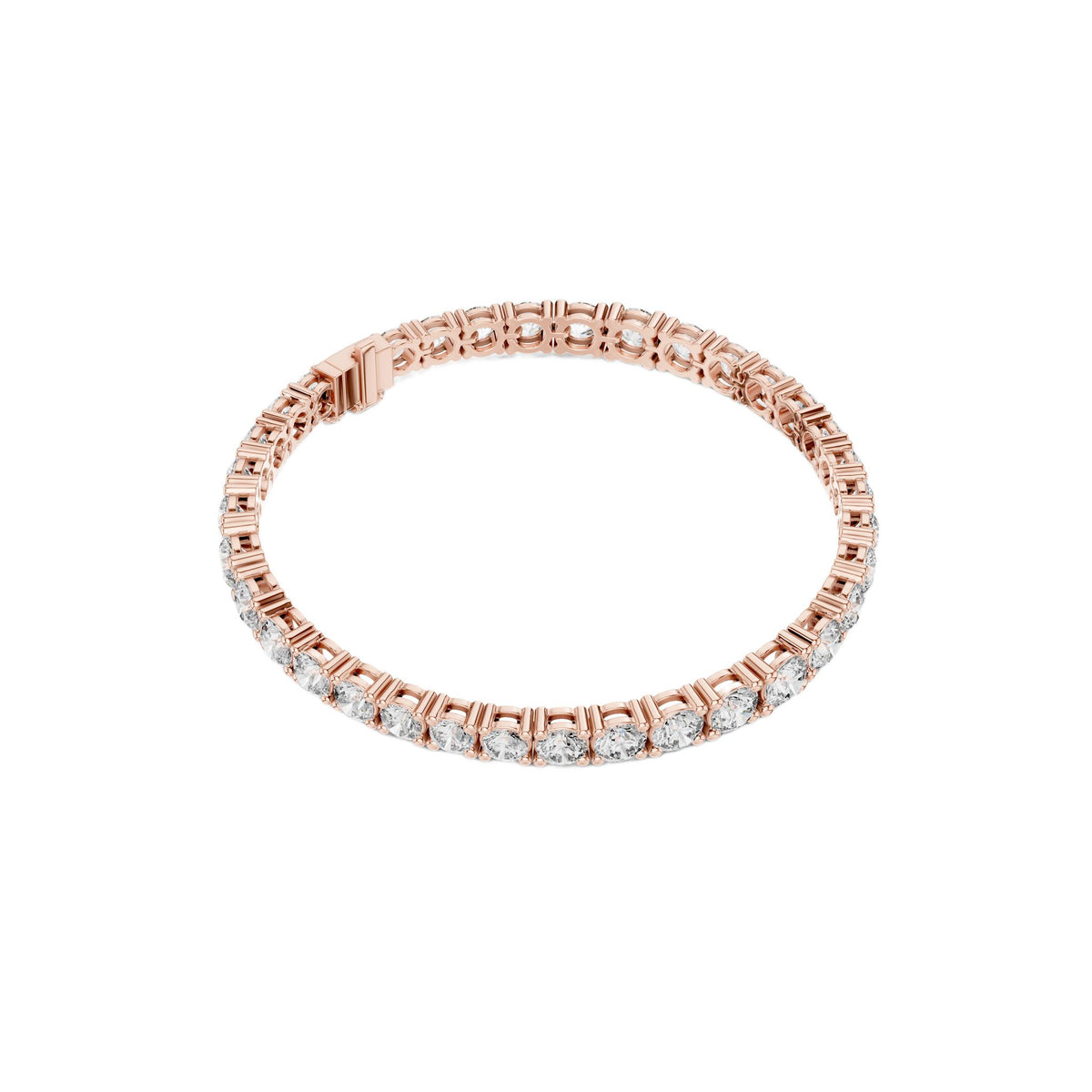 Rose gold diamond tennis bracelet with round diamonds in raised bezels
