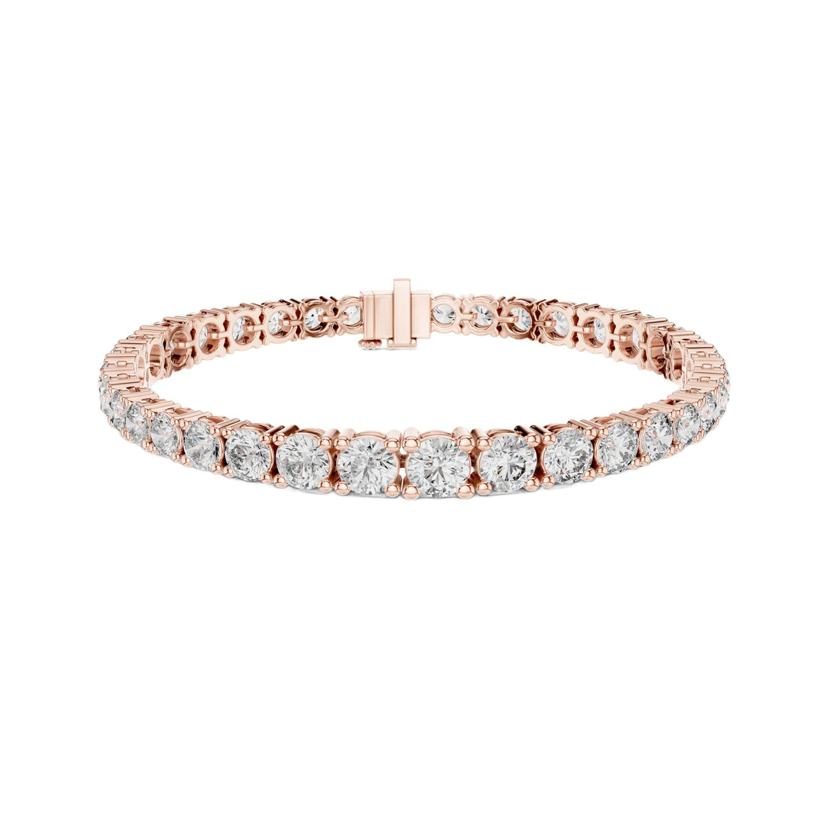 Rose gold diamond tennis bracelet with center clasp and round diamond bezels